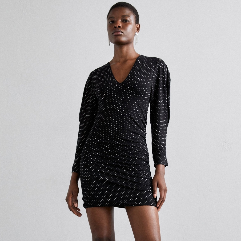 Iro Long-Sleeved Mini Dress - Black With White Jewel-Like Polka Dots - Xs